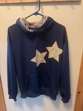 Navy Hoodie with Leopard Star Appliqués